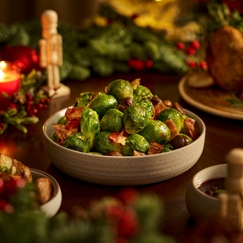 Seasonal Sides - Charred Truffle Brussels Sprout with Glazed Chestnut and Bacon